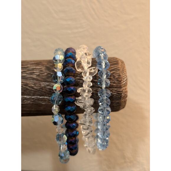 Three Blue Crystal One Clear Quartz Chip Bracelet Lot - Picture 2 of 9